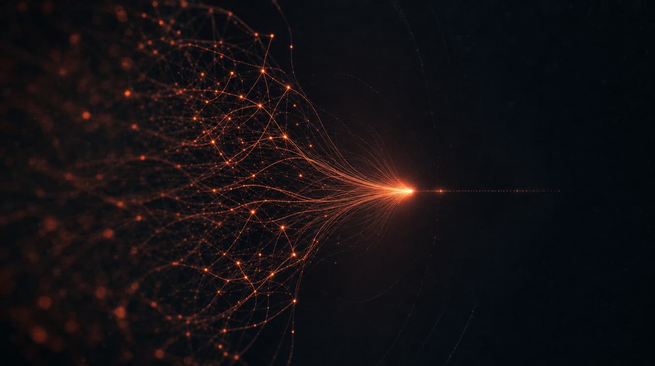 Constellation of glowing orange threads condensing into one bright point