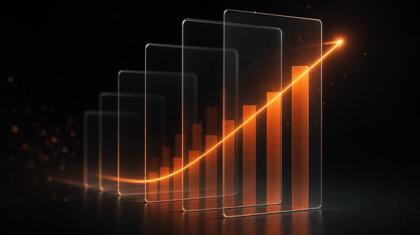 Floating dark glass panels with glowing orange bars and a rising line of light