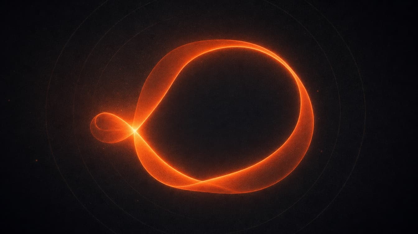 Dark abstract loop of light returning to its origin, in warm orange on charcoal