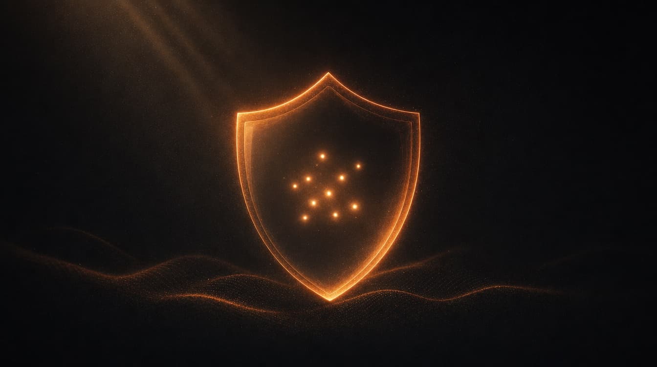 A translucent shield outlined in orange light sheltering a cluster of glowing dots