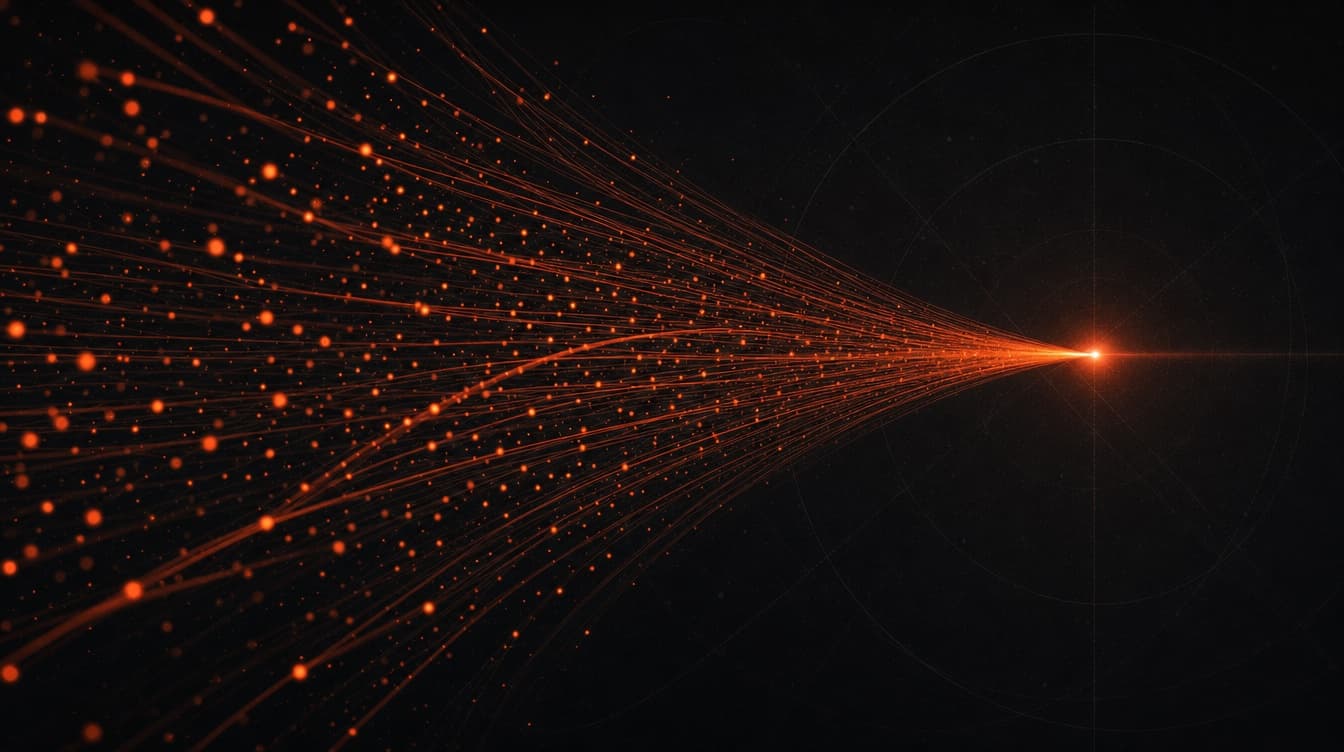 Dark abstract funnel of glowing orange lines converging into a single point of light