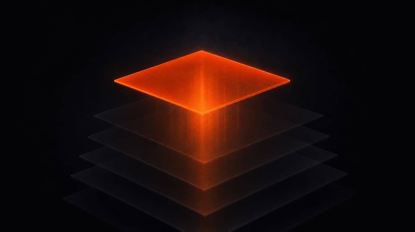 Dark layered panels with one glowing orange panel rising above the others
