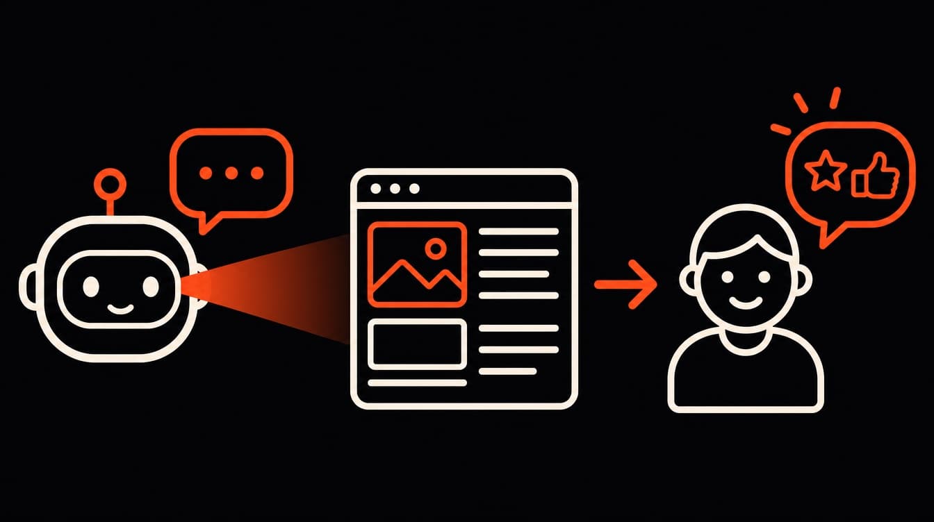 Diagram: an AI assistant reads a website and recommends it to a person