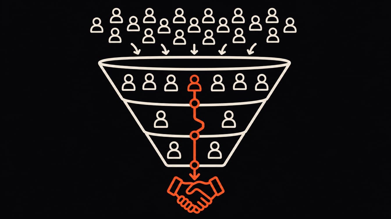 Diagram: many visitors enter a funnel that narrows through stages and ends in a handshake
