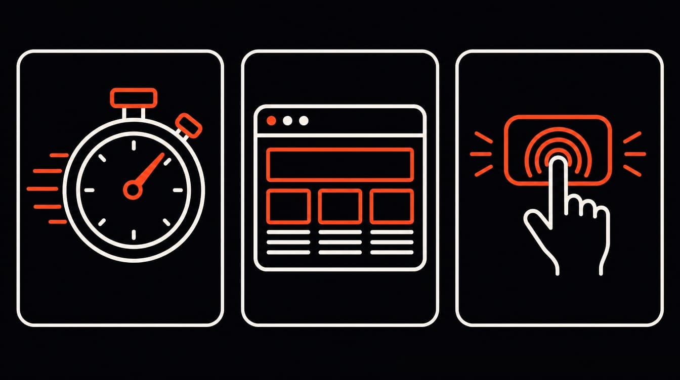 Diagram: three icons — a stopwatch for loading, a stable layout, and an instant tap response