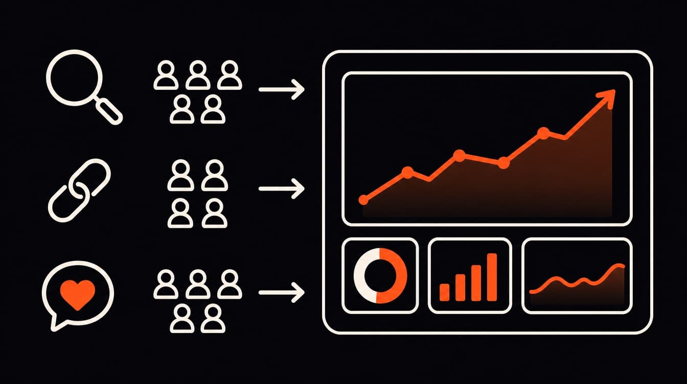 Diagram: people flow from search, links and social into one rising chart