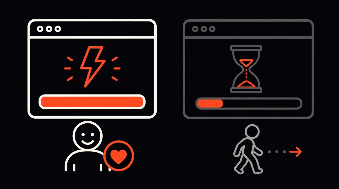Diagram: a fast website keeps its visitor while a slow website's visitor walks away