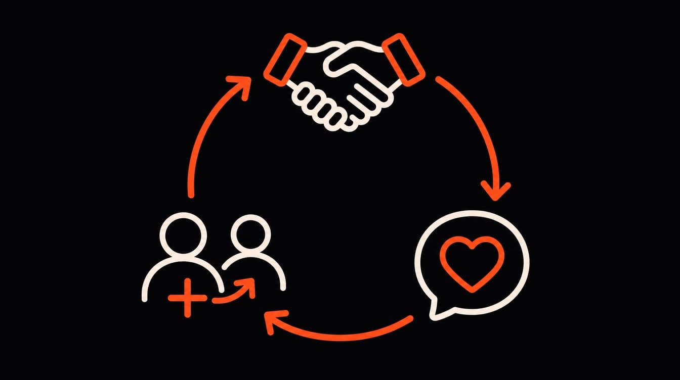 Diagram: a loop of arrows connecting a handshake, a heart in a chat bubble, and a client bringing another client